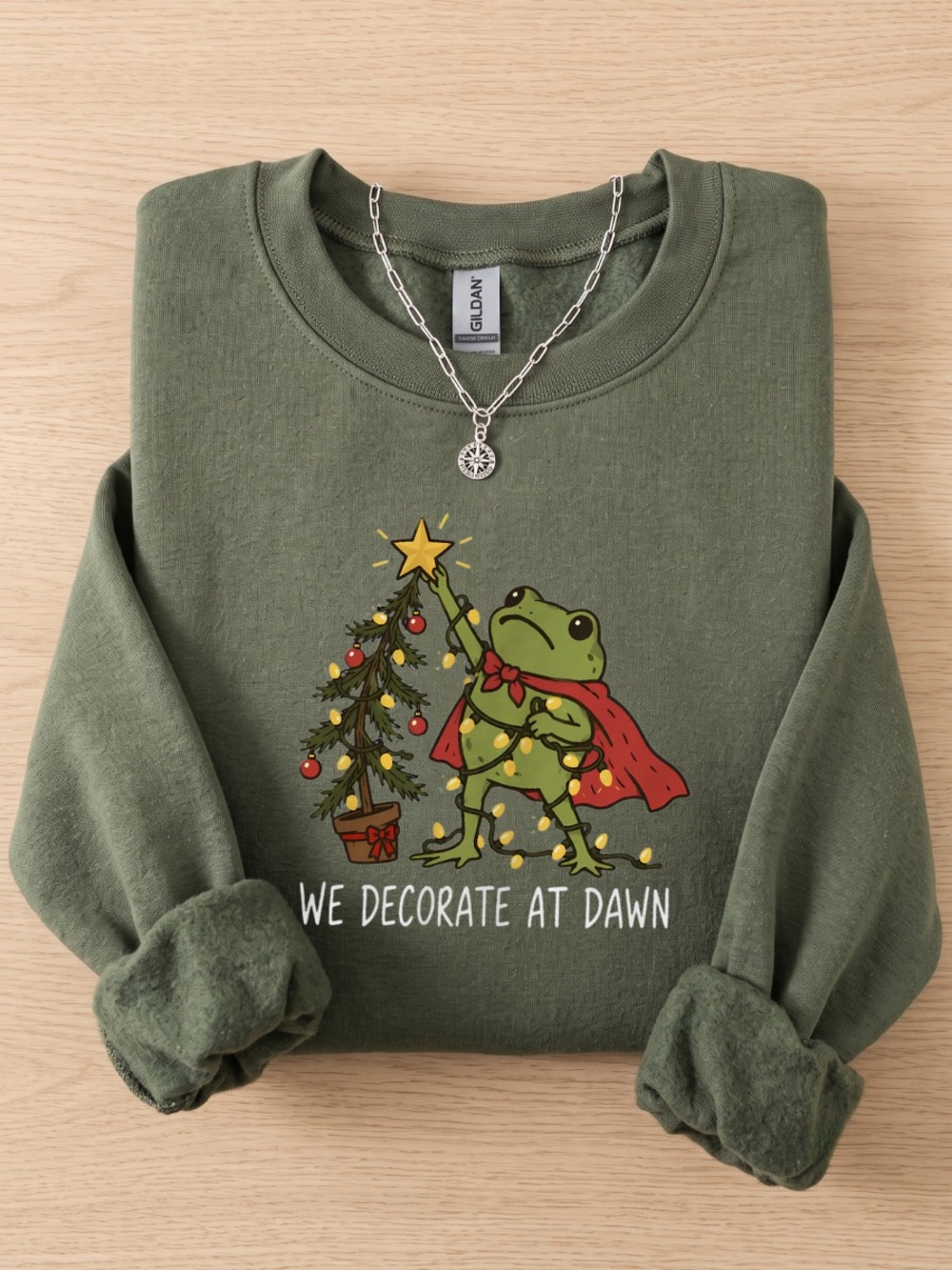 Gildan Forest Green Sweatshirt with Festive Frog & Tree Graphic